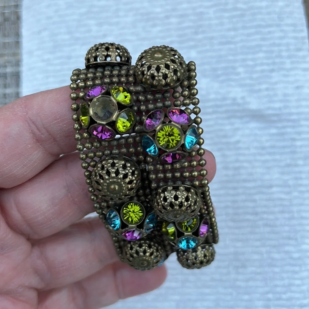 FRANGOS LADIES VINTAGE GOLD TONE BLUE PURPLE CRYSTAL MESH WIDE BRACELET-WOW!